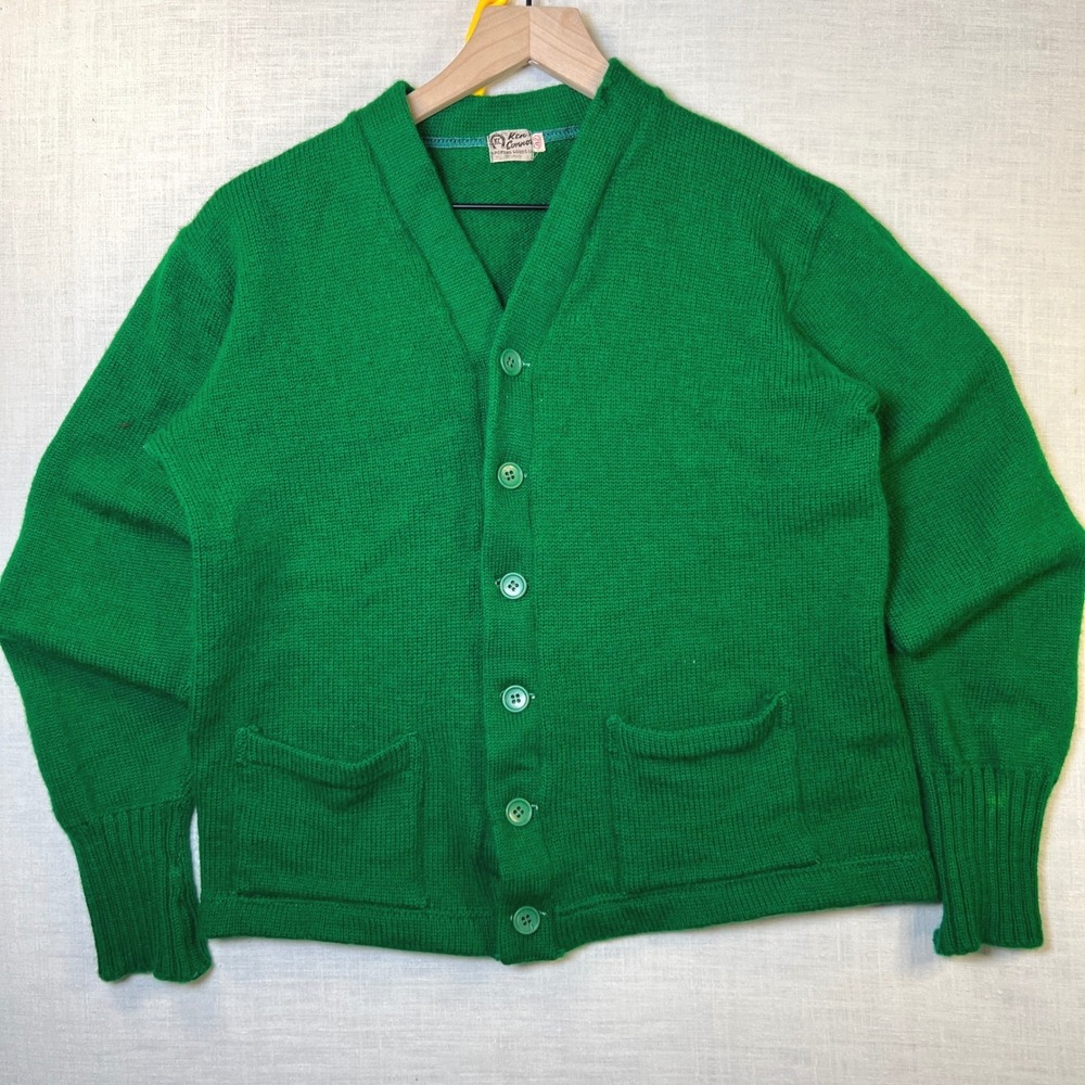 VTG 1960s Wool Cardigan Ken Connor Green Men's M 42 Knit Button Front Pocket USA - Picture 4 of 9